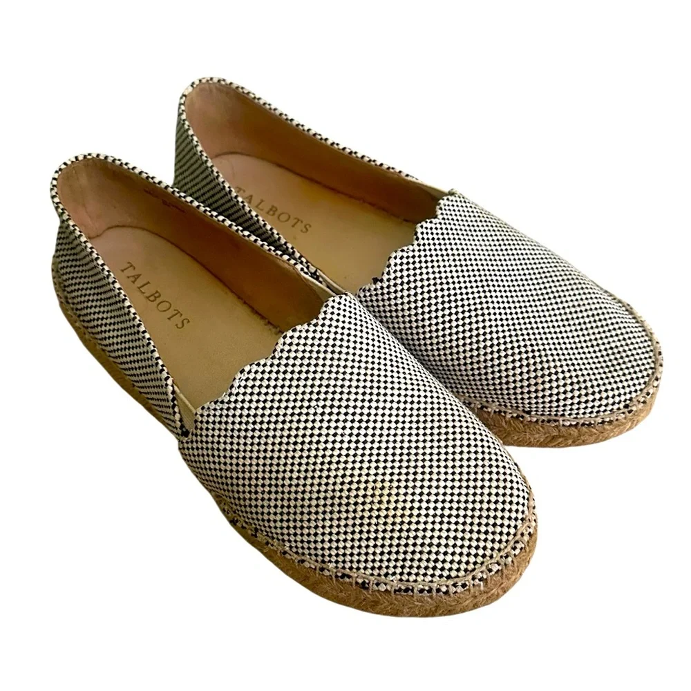 TALBOTS Izzy Ivory/Black Checkered Scalloped ESPADRILLES Size 8 M